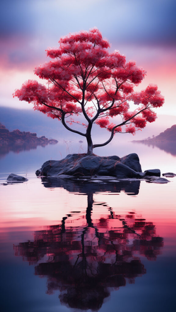 Обои на телефон красное дерево цветущей сакуры на закате. 
