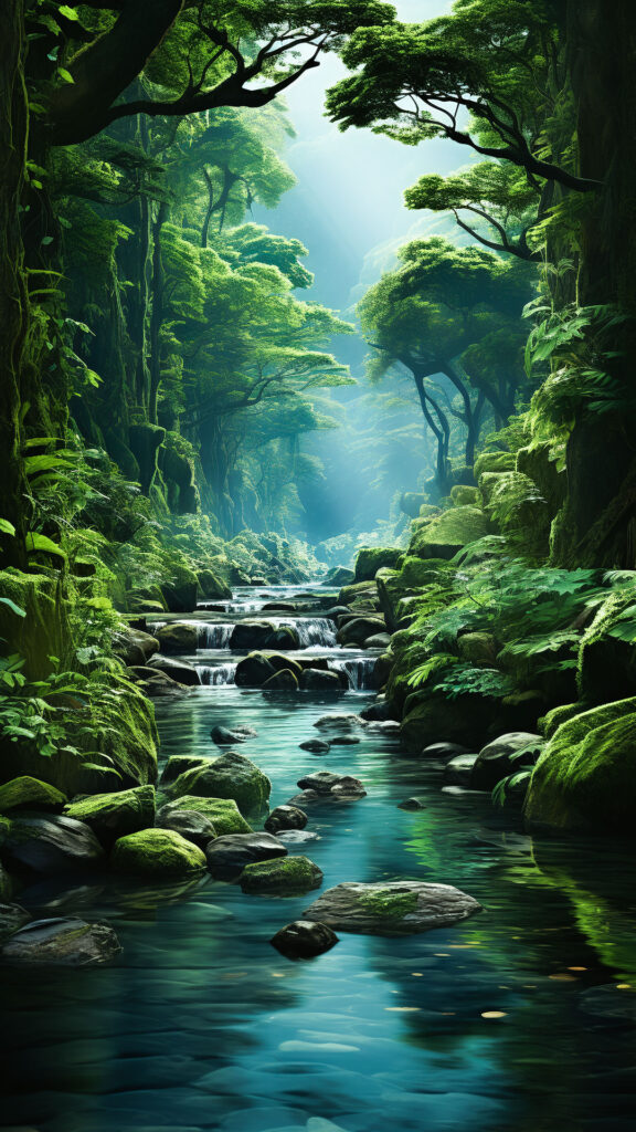 Зеленый лес и текущий ручей вертикальные обои на телефон.