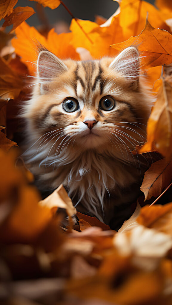 Осенние обои на телефон маленький рыжий котенок сидит в опавших листьях.