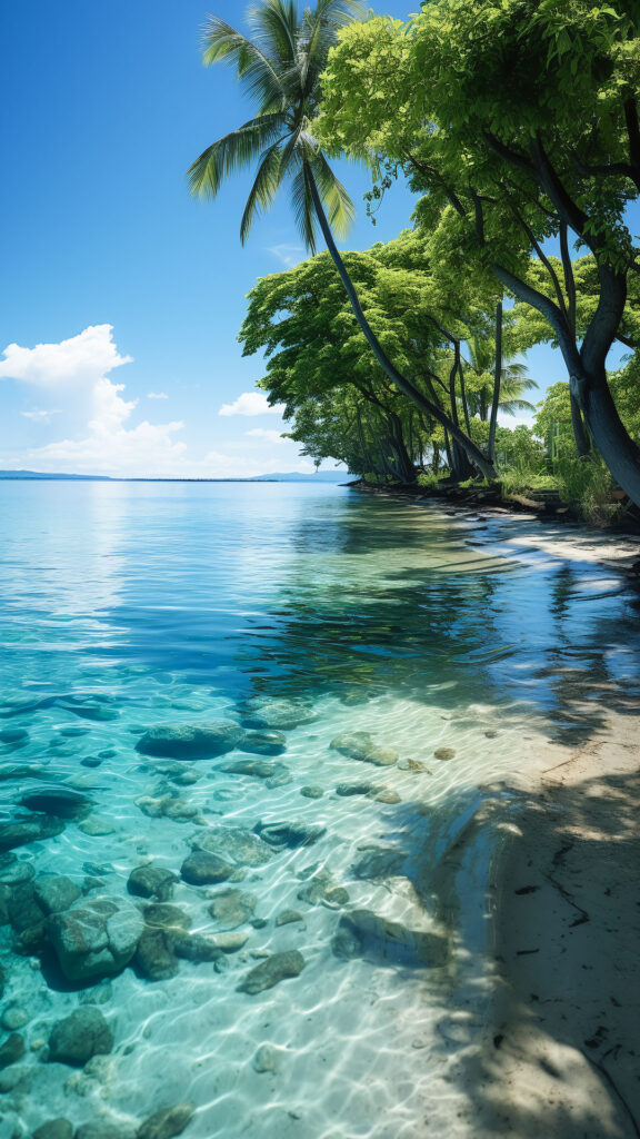 Вертикальные обои голубое море и тропические пальмы летним днем.