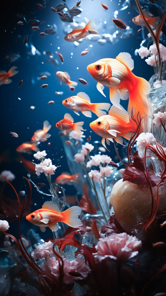 Вертикальные обои на телефон золотые рыбки под водой на коралловом рифе.