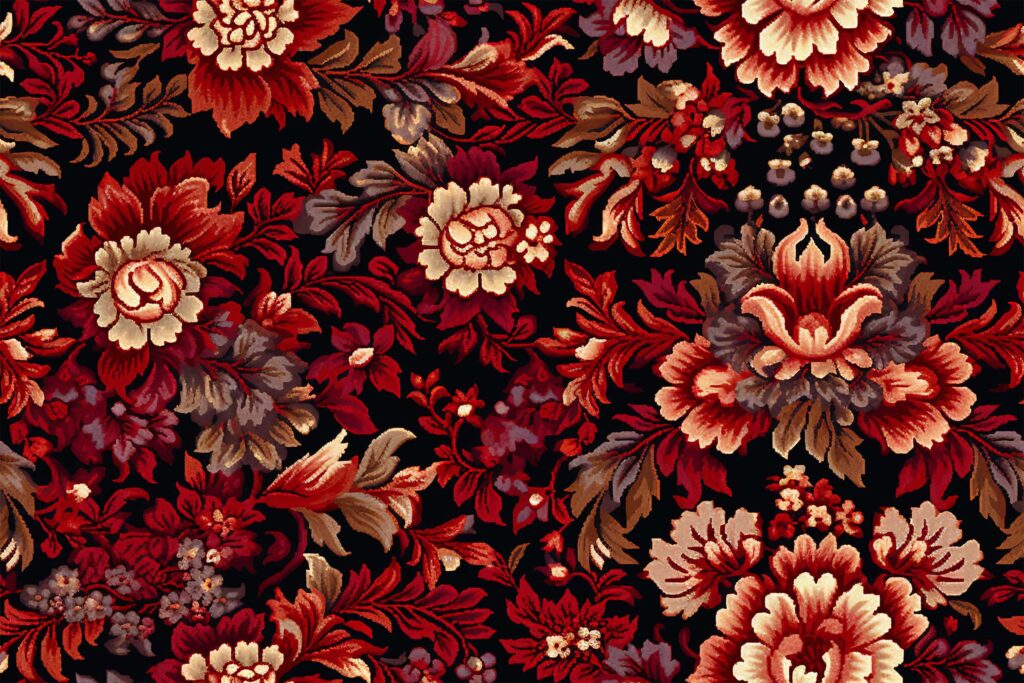 Бесшовная текстура ковра с красными цветами на черном фоне.