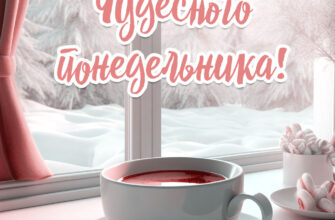 Зимняя открытка чудесного понедельника с чашкой чая.
