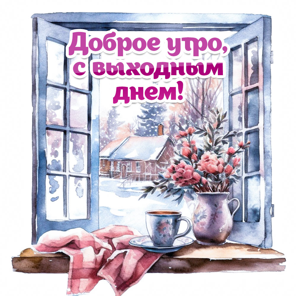 Зимняя открытка доброе утро выходного дня с цветами и чаем.