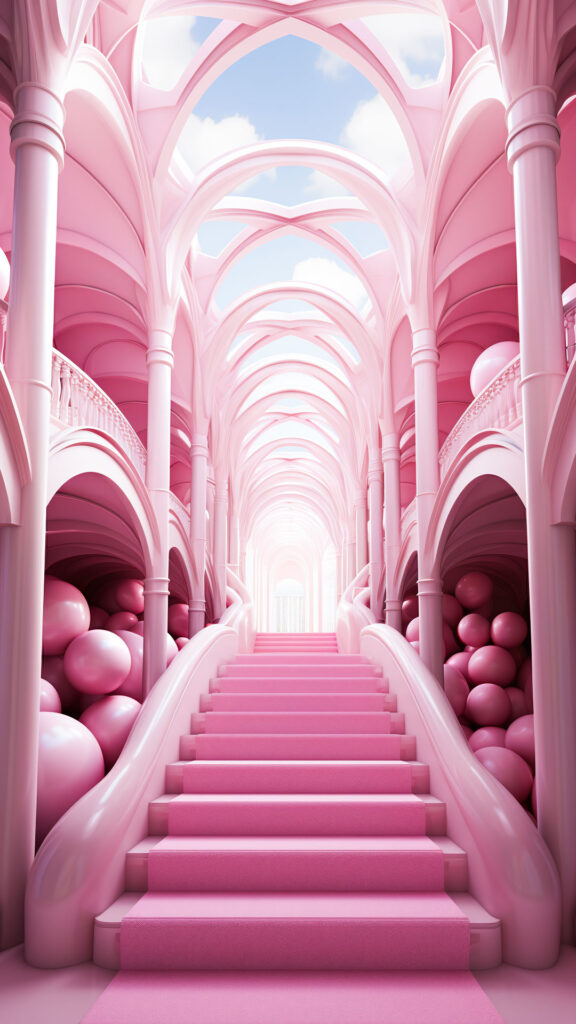 Вертикальные 3D обои на телефон лестница вверх в розовом доме Барби.