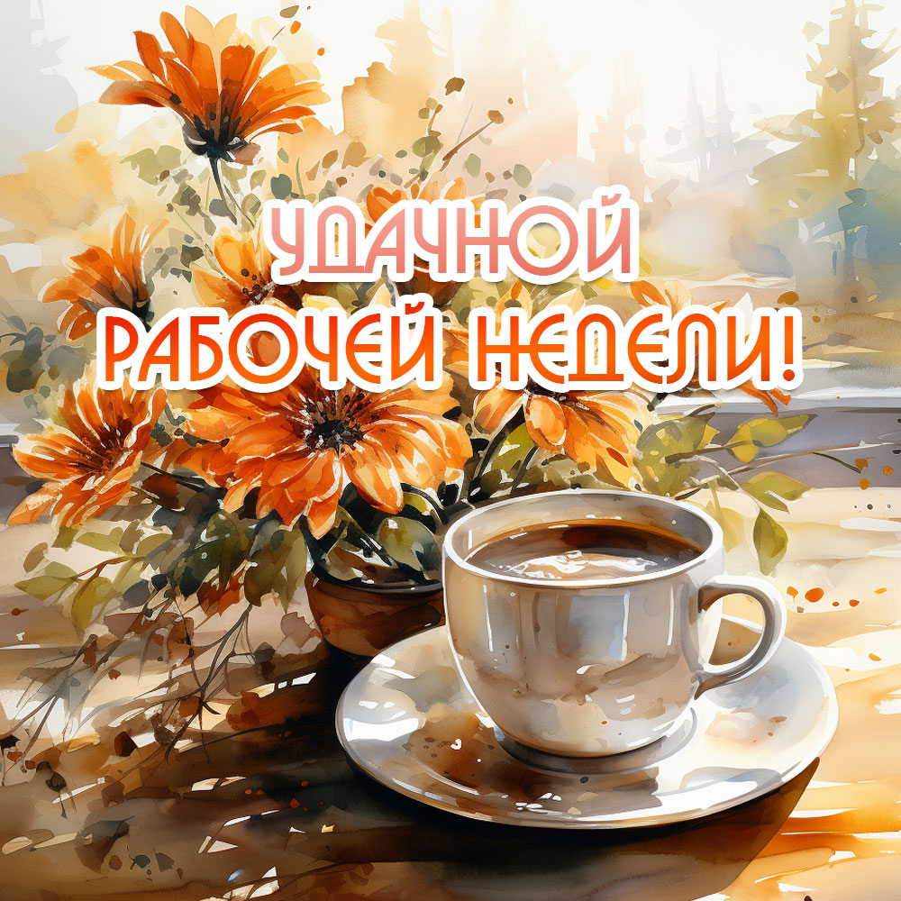 Картинка удачной рабочей недели с чашкой кофе и цветами.