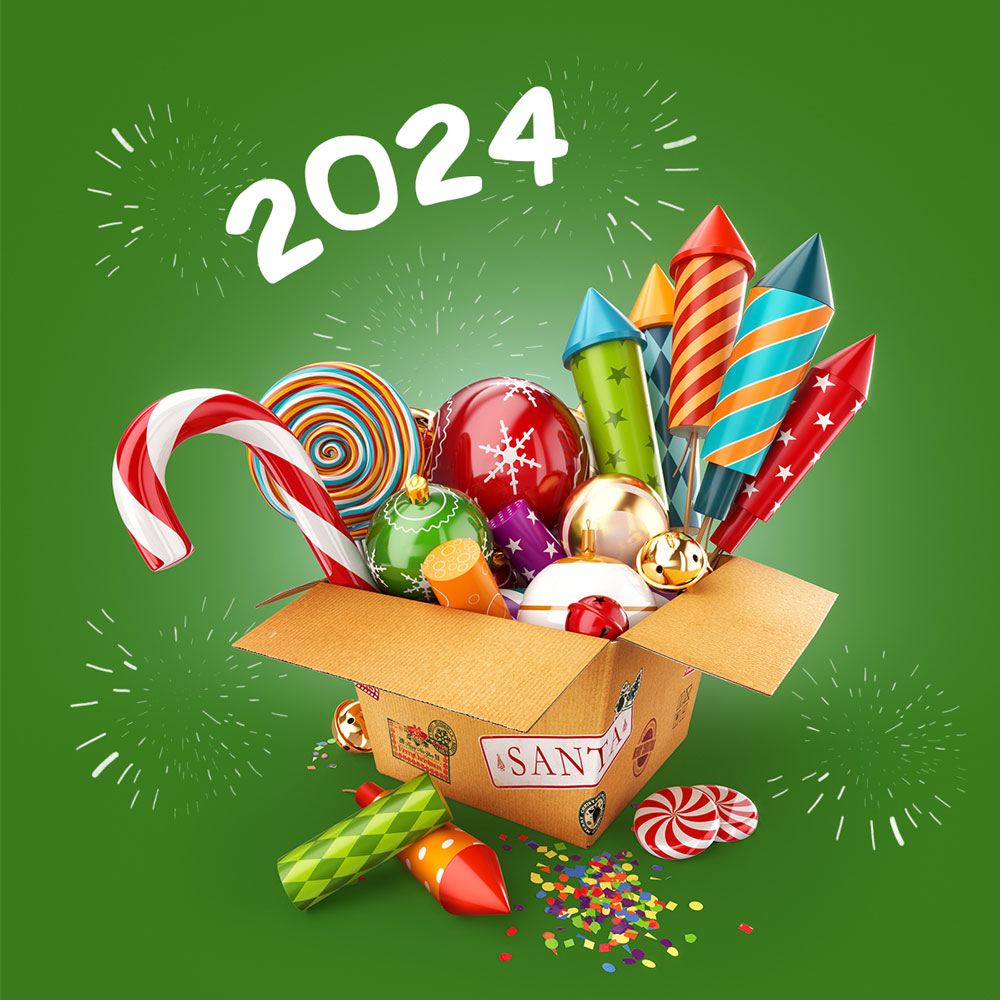 Красивая открытка с Новым Годом 2024 коробка с подарками.