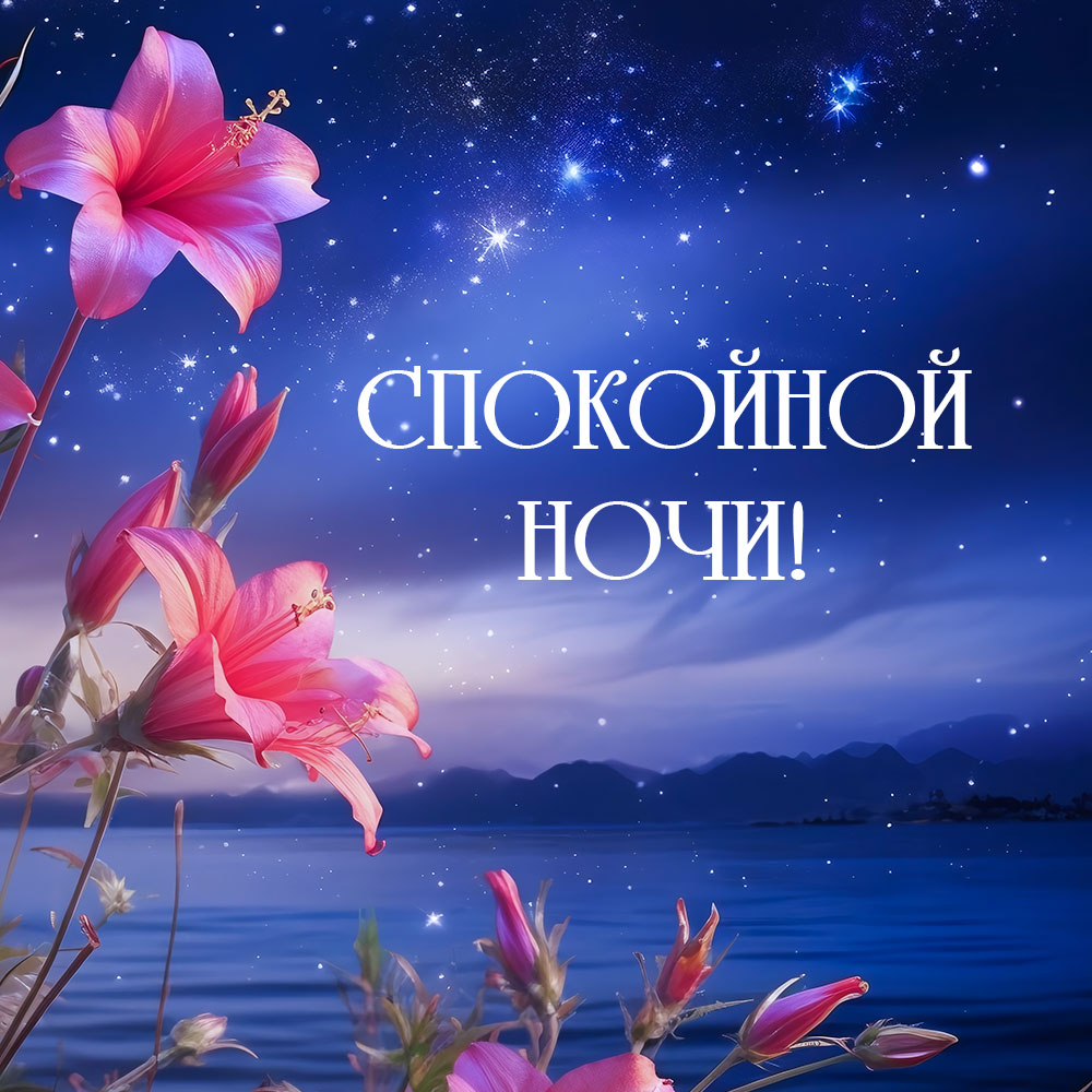 Очень красивая открытка спокойной ночи женщине с цветами.