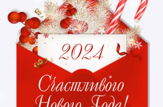 Картинка новый год 2024 красный почтовый конверт с карамельной тростью.