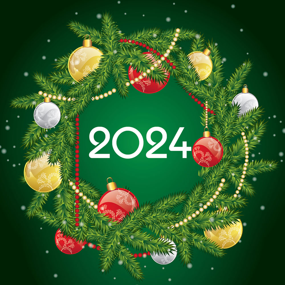 Зелёная открытка новый год 2024 с рождественским венком.