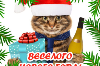 Открытка веселого нового года кот с шампанским.