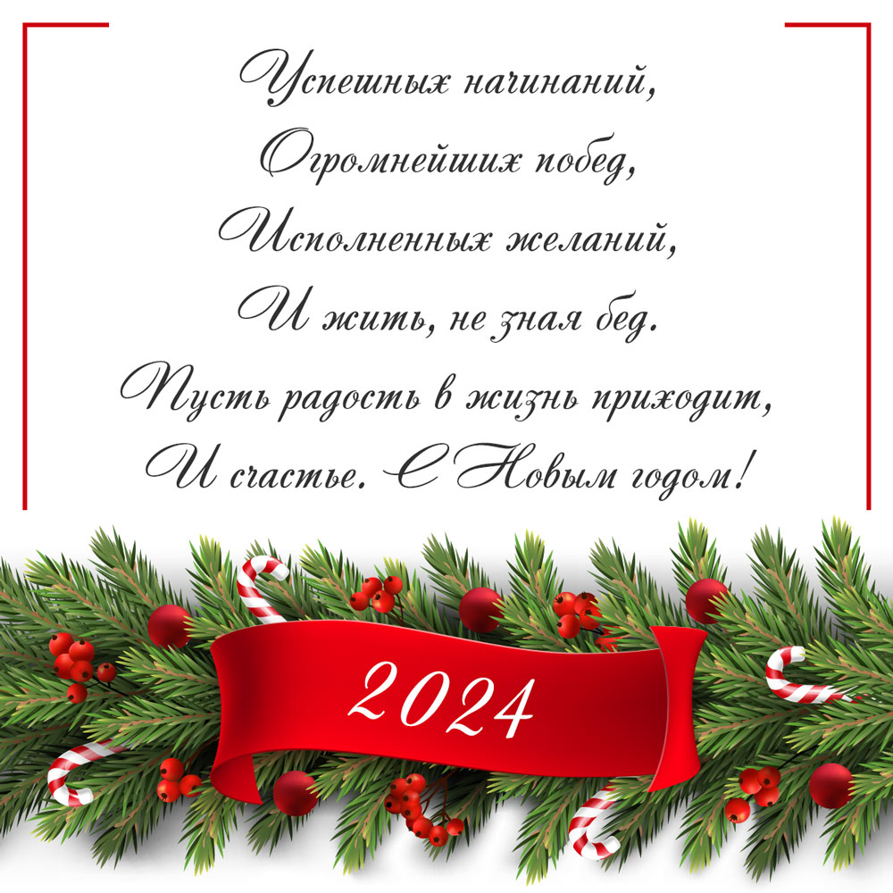 Новогодняя открытка с текстом поздравления 2024 в стихах и зелёными ветками ёлки.