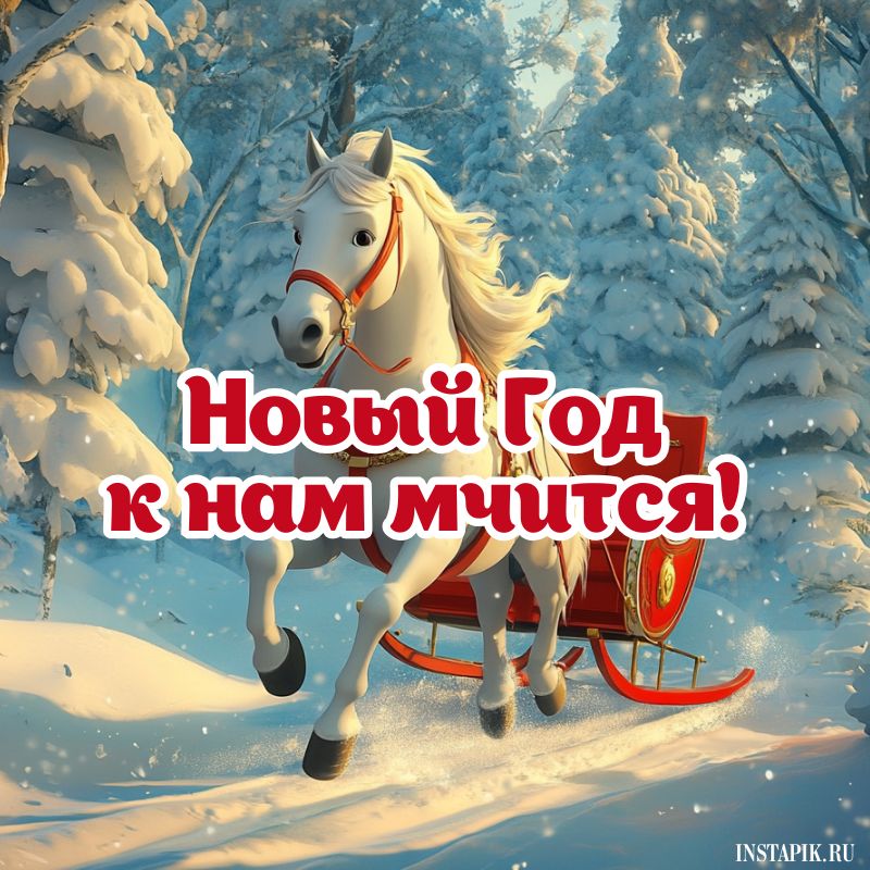 Открытка со словами новый год к нам мчится!