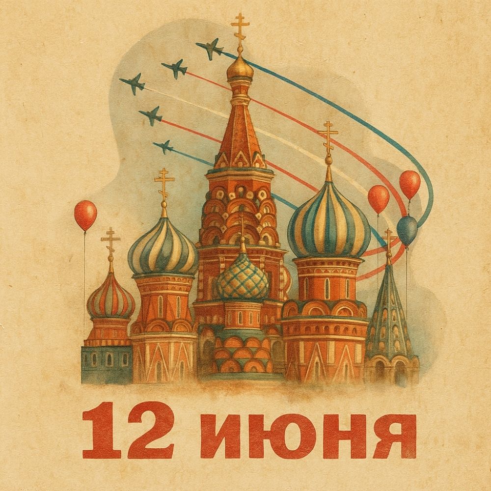 День России, открытка с храмом на Красной площади в Москве.