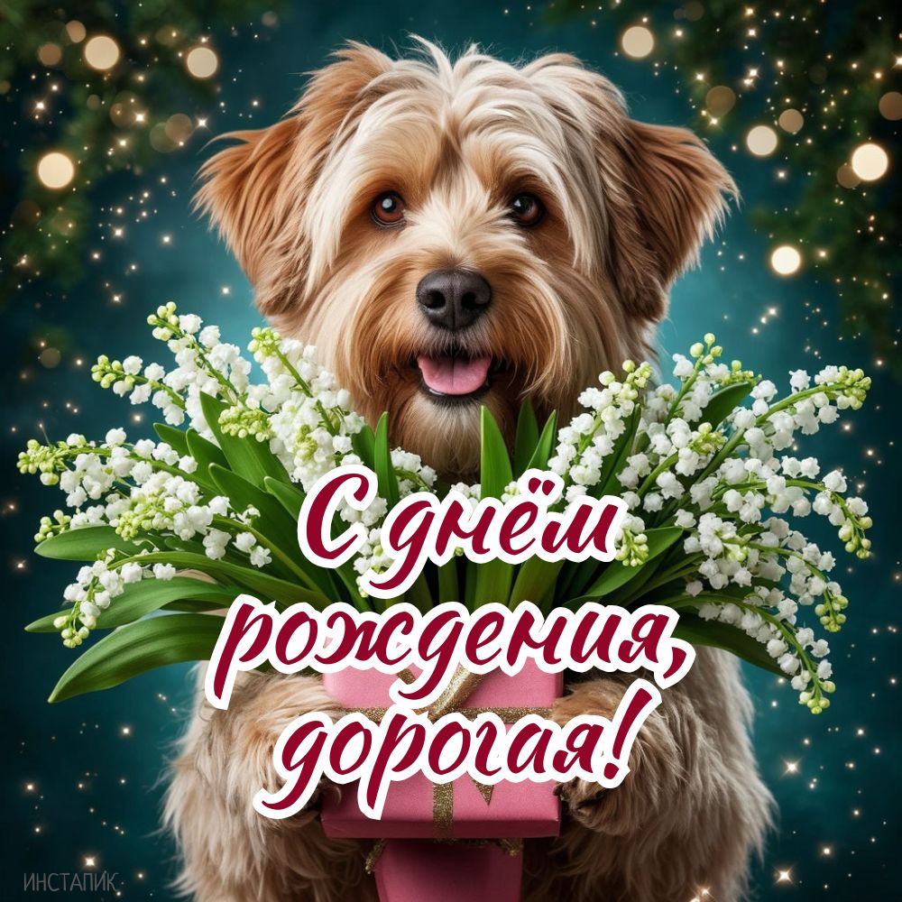 Картинка для девушки с собакой и надписью: с днем рождения, дорогая!