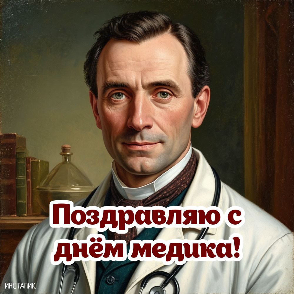 Картинка с мужчиной-доктором и надписью поздравляю с днем медика.