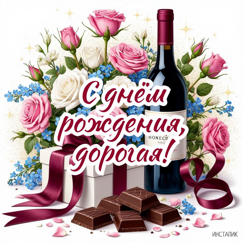 Открытка с днём рождения, дорогая для девушек с вином и шоколадом.