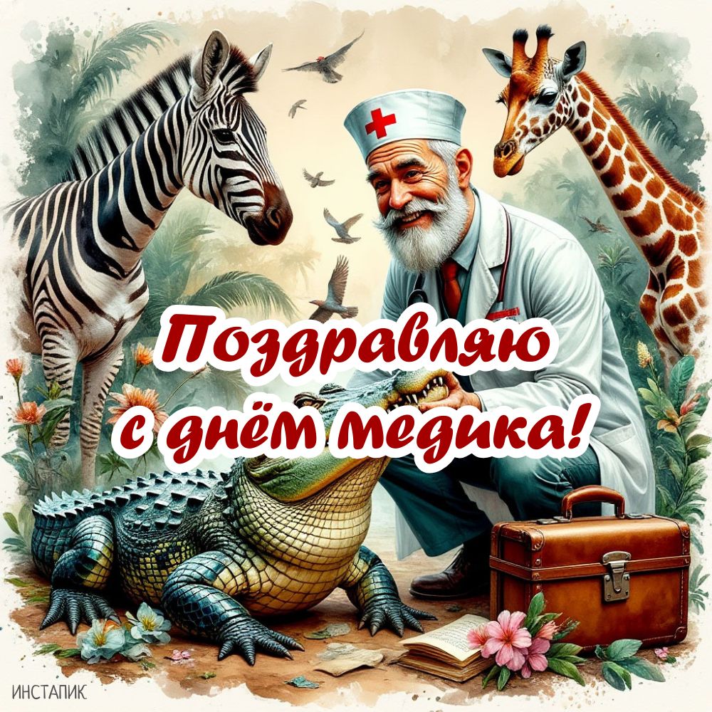Открытка с доктором Айболитом на день медика.