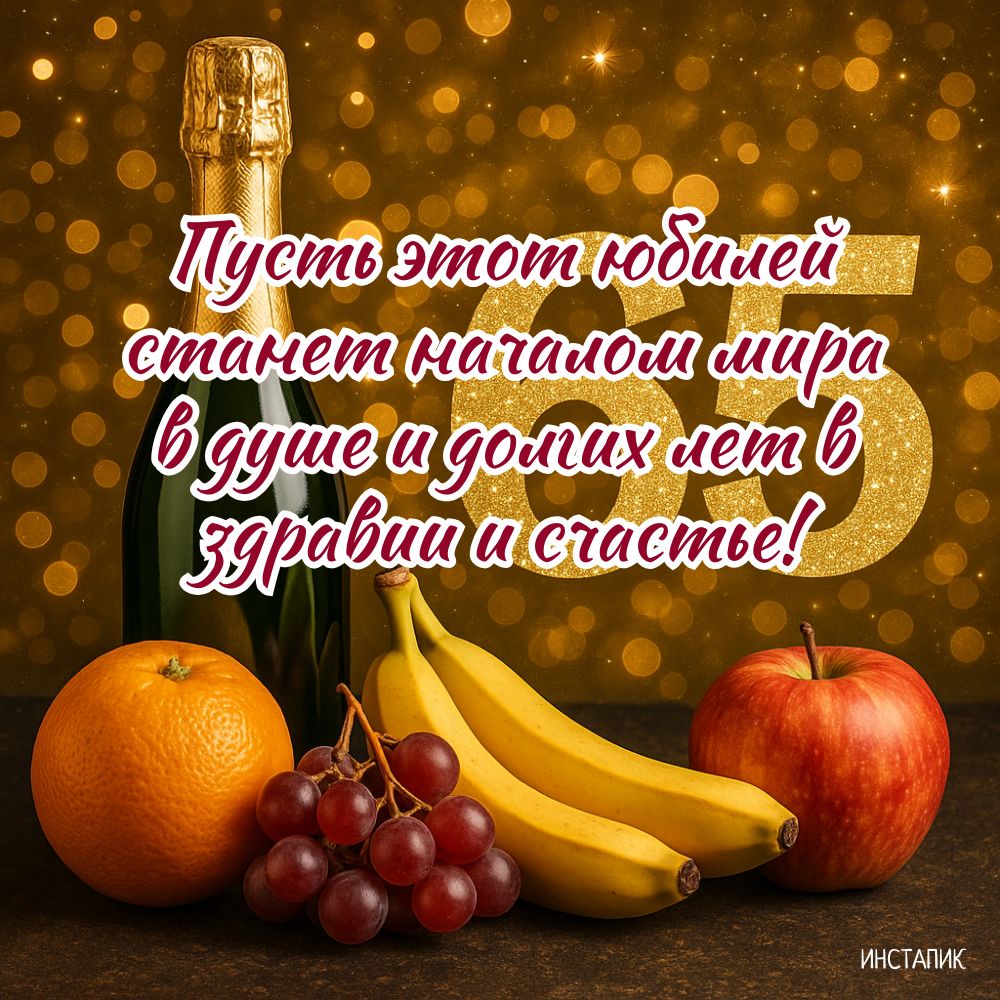 Открытка с шампанским и пожеланием на юбилей мужчины 65 лет.