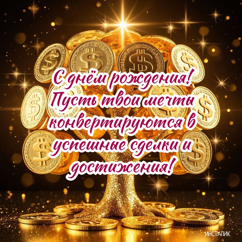 Открытка с пожеланиями успеха мужчине ко дню рождения и денежным деревом.