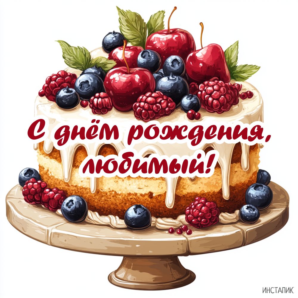 Открытка с тортом и со словами с днем рождения, любимый!