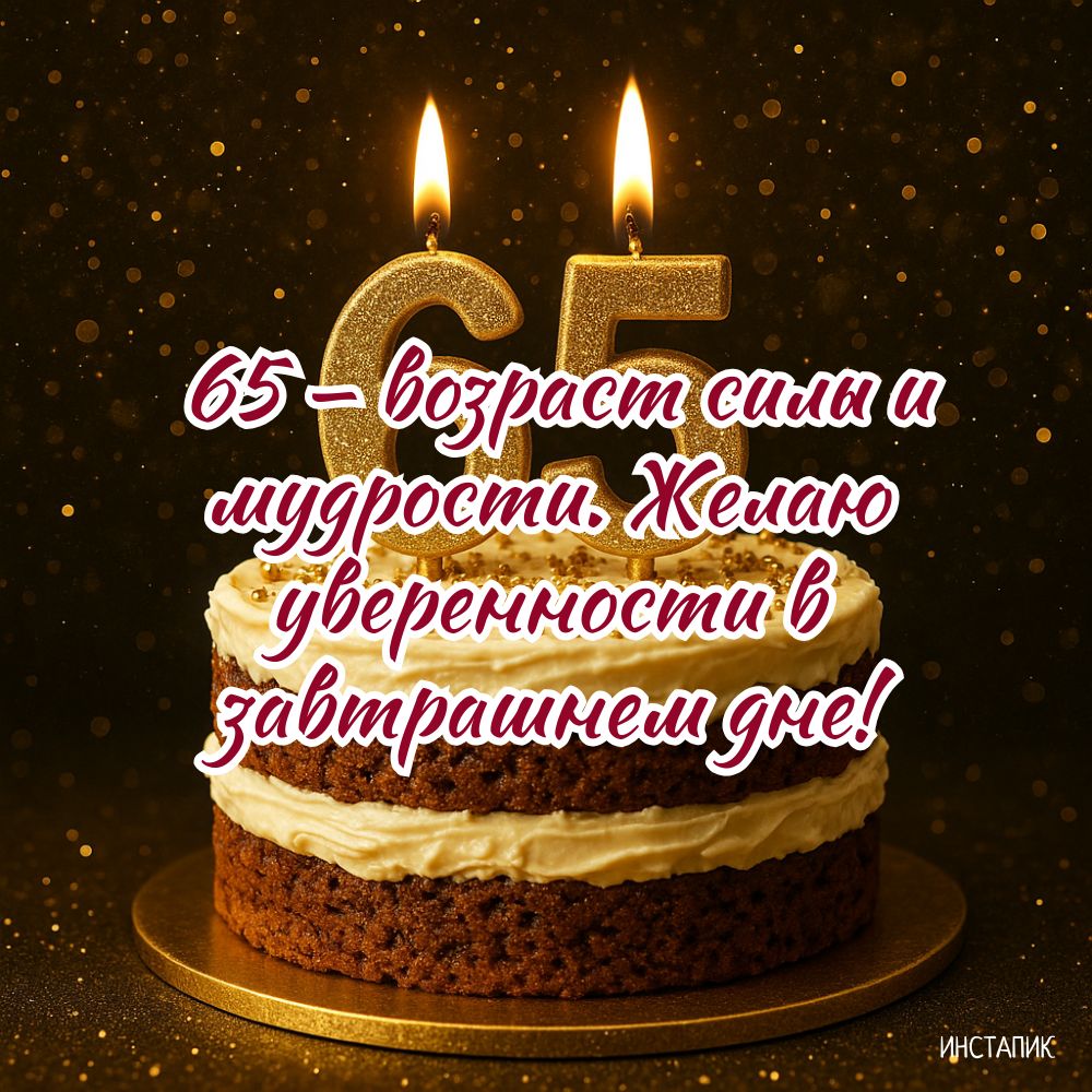 Открытка с тортом на день рождения мужчины 65 лет.