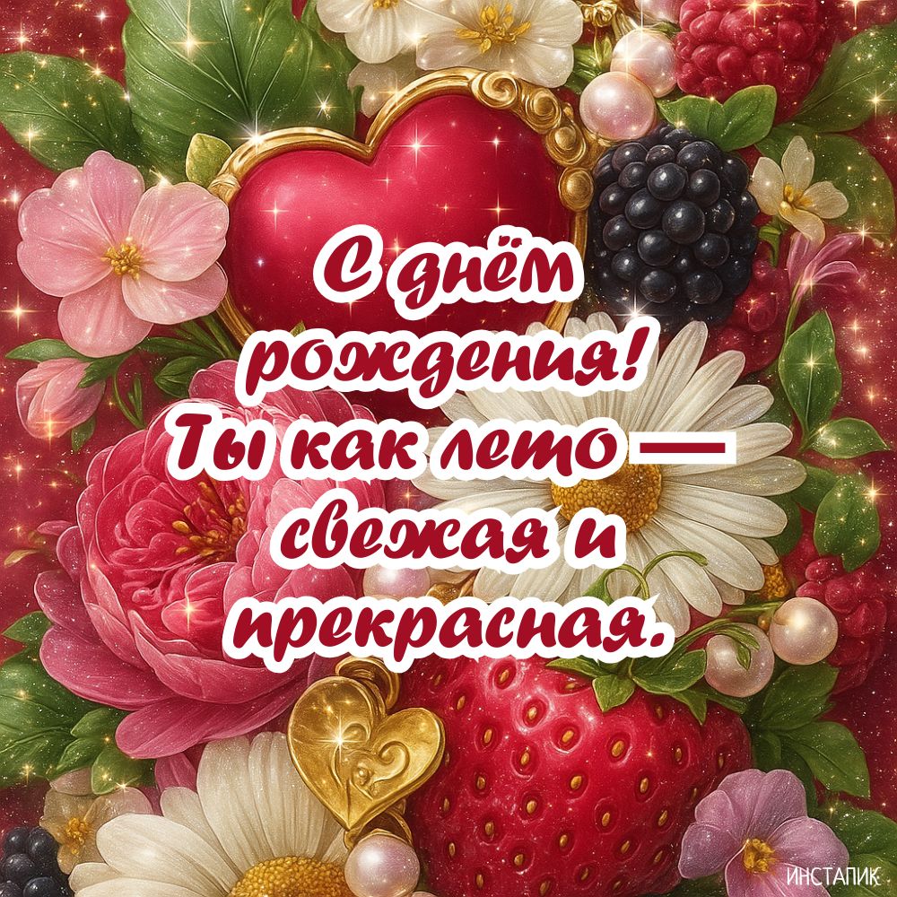 Открытка с цветами и комплиментом девушке на день рождения.