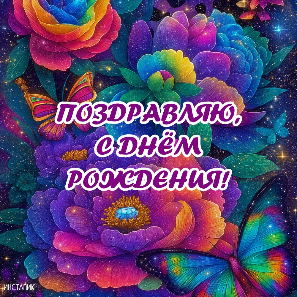 Открытка с цветами и словами: поздравляю с днем рождения!