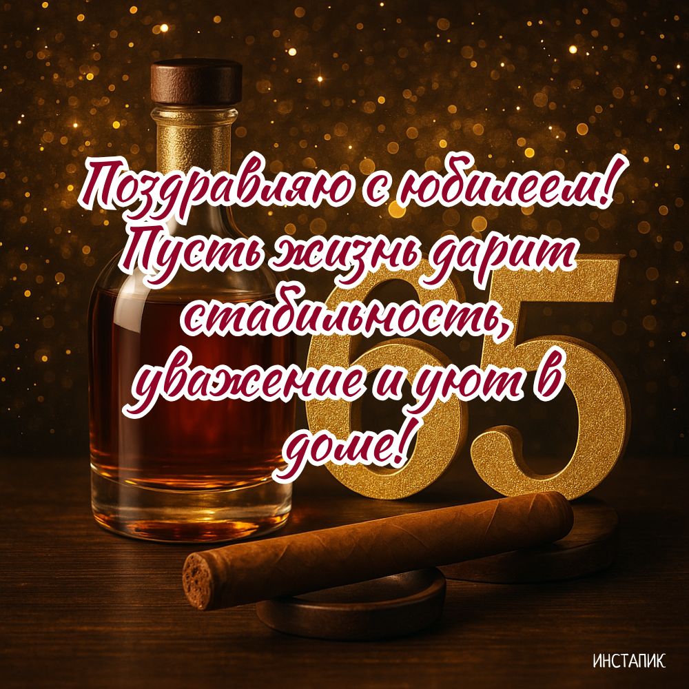 Открытка с юбилеем 65 лет с коньяком и пожеланием мужчине.