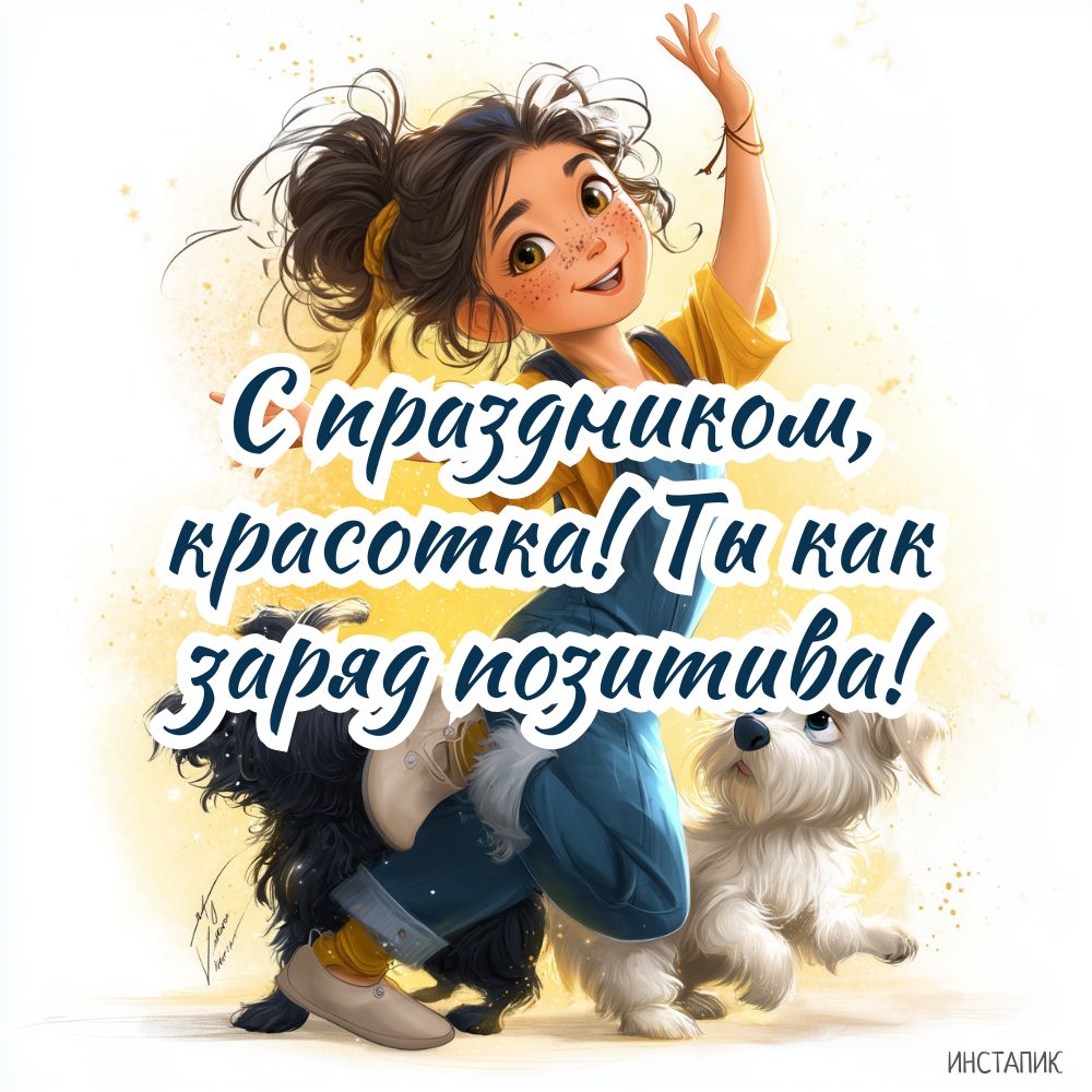 Позитивная открытка девушкам на дни рождения с собаками.