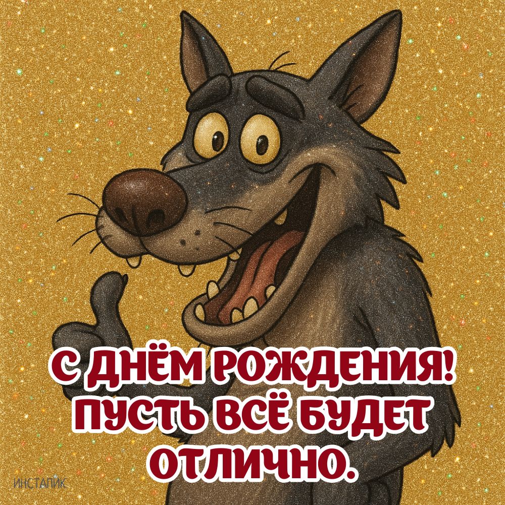 Позитивная открытка с волком мужчине на день рождения.