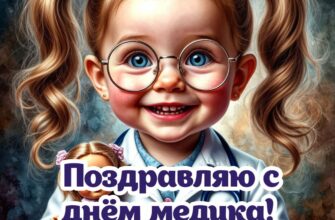 Позитивная открытка девочка поздравляет с днём медика.