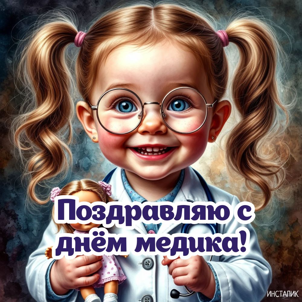 Позитивная открытка девочка поздравляет с днём медика.
