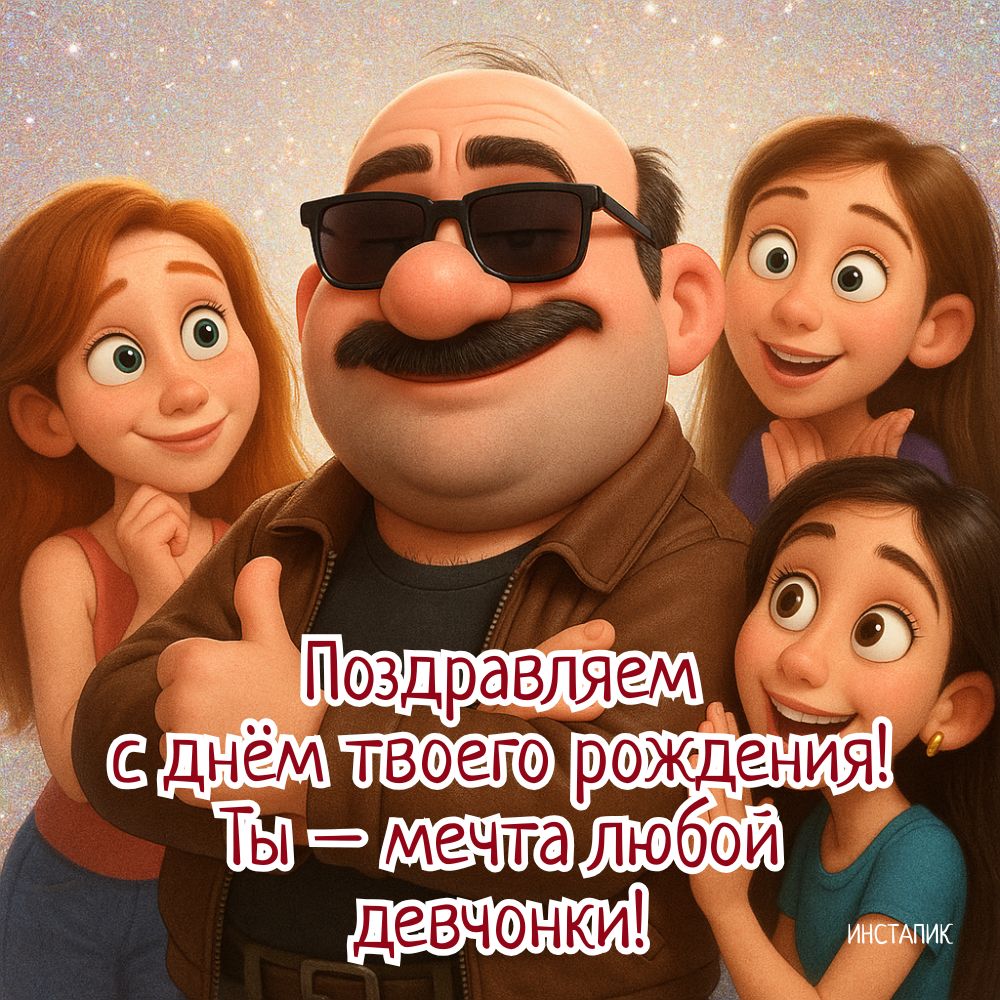 Прикольная открытка с комплиментом мужчине на день рождения от девушек.