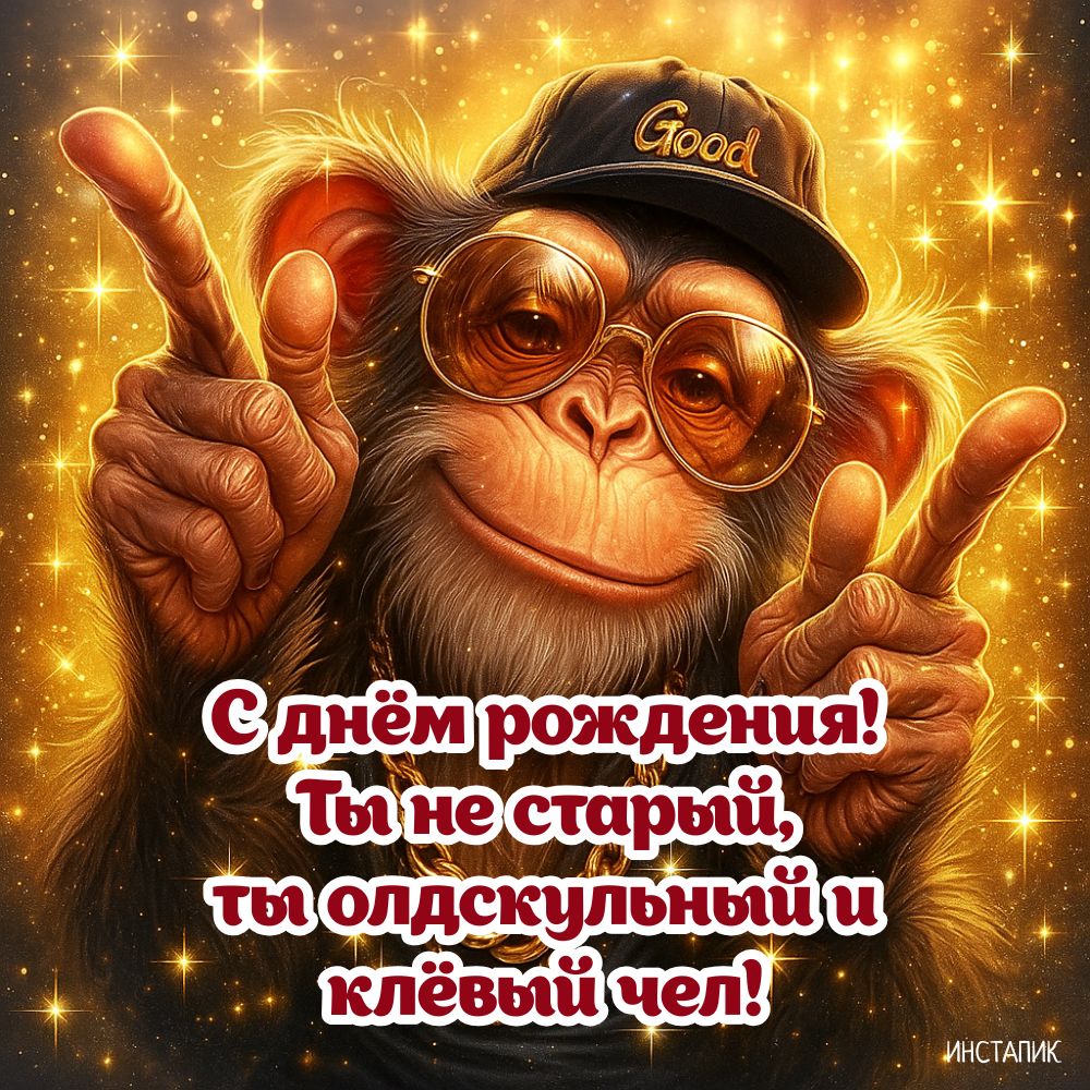 Прикольная открытка с обезьяной мужчине на день рождения.