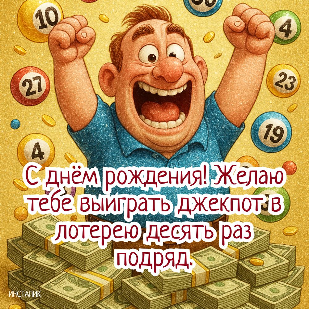 Прикольная открытка с пожеланием удачи и денег мужчине на день рождения.