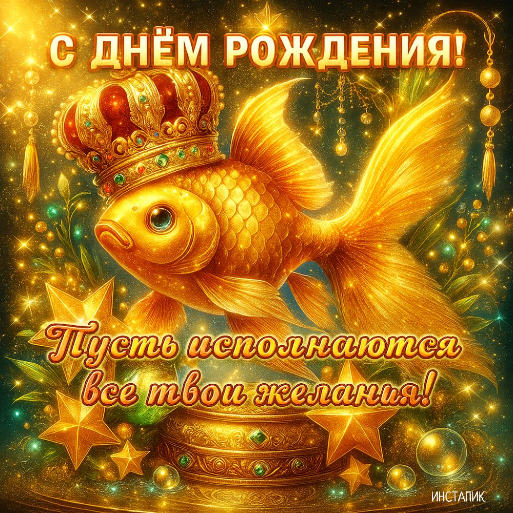 Прикольная открытка с золотой рыбкой для мужчин на ДР.
