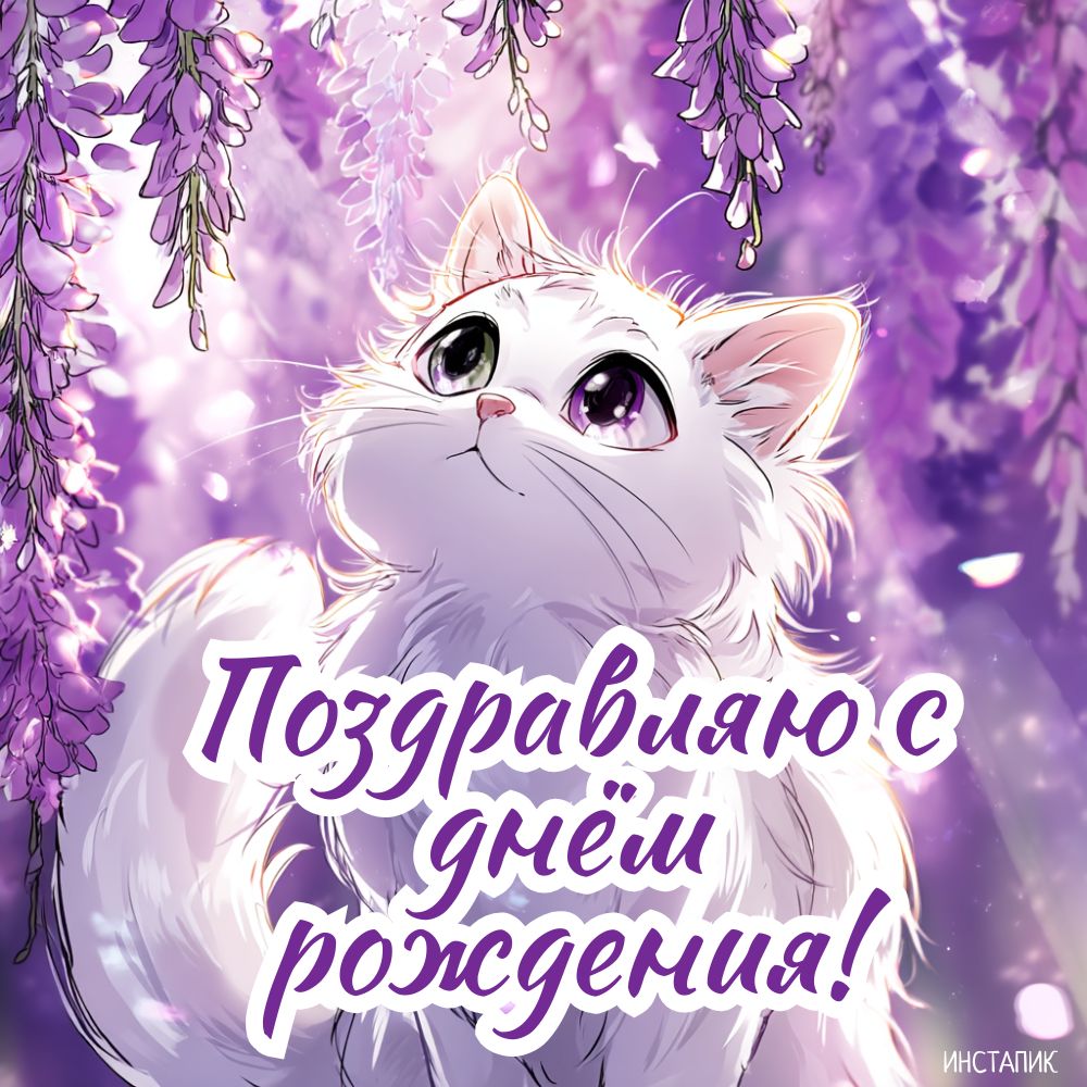 Современная открытка с кошкой для девушки на ДР.