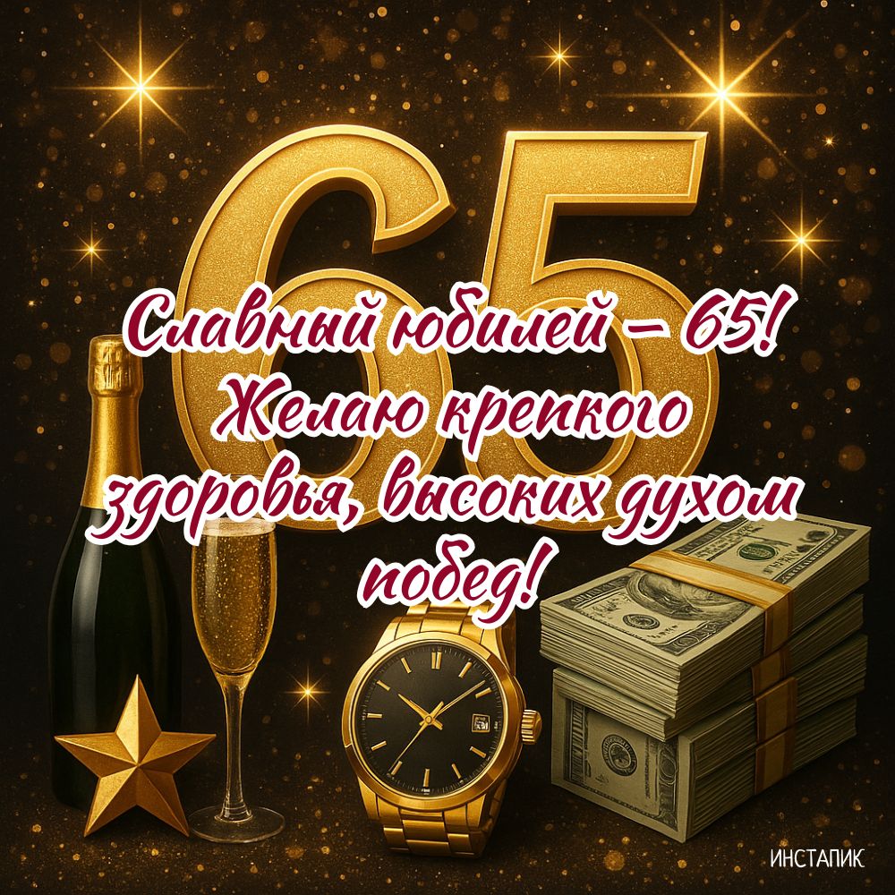 Торжественная открытка с деньгами и пожеланием на юбилей мужчине 65 лет.