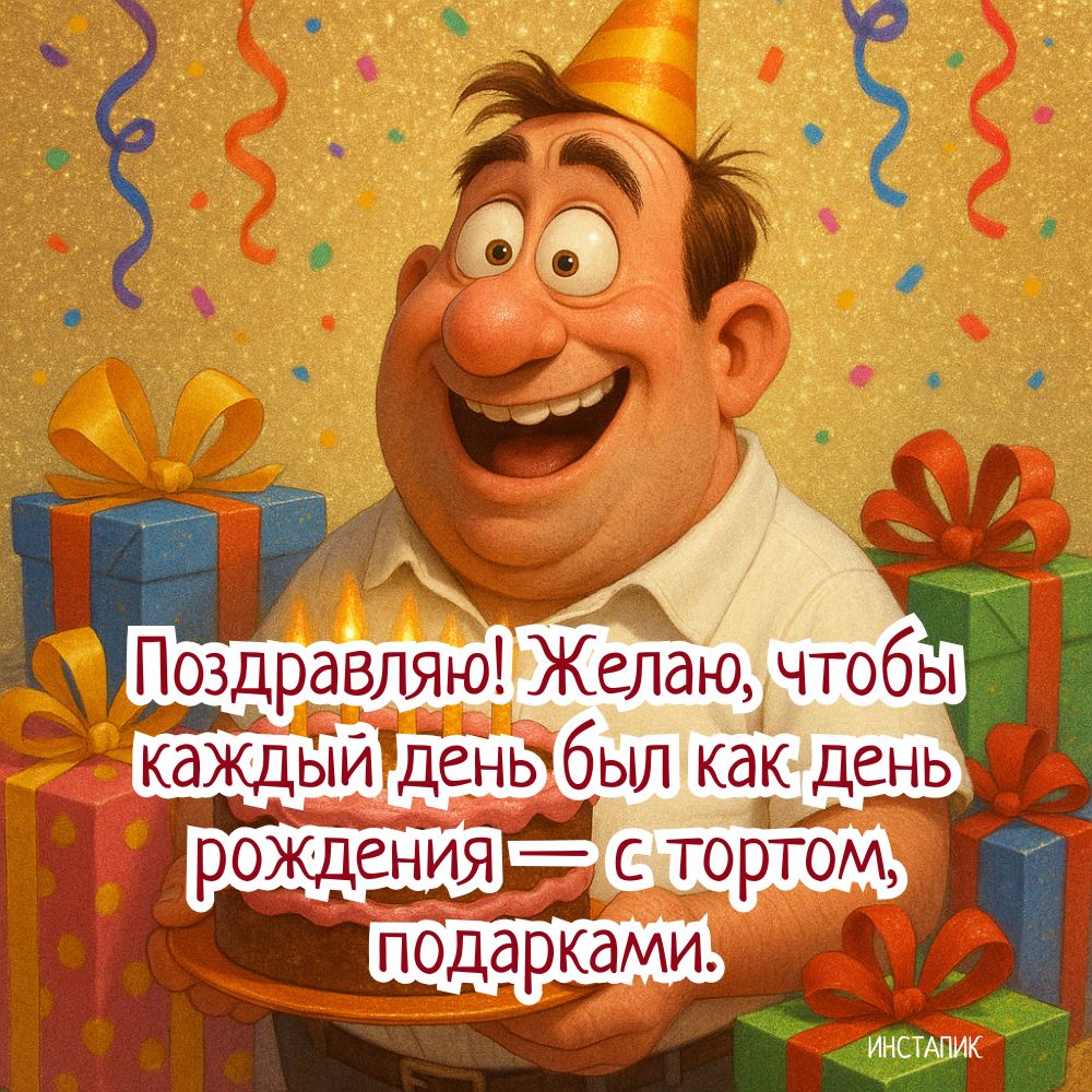 Веселая открытка мужчине с поздравлением и тортом на день рождения.