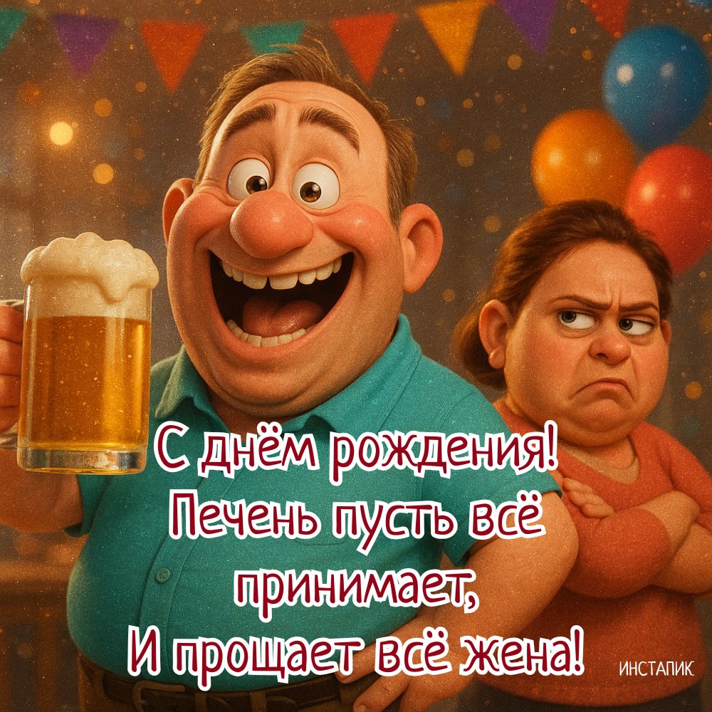 Юморная открытка с пожеланием для мужчин на дни рождения.
